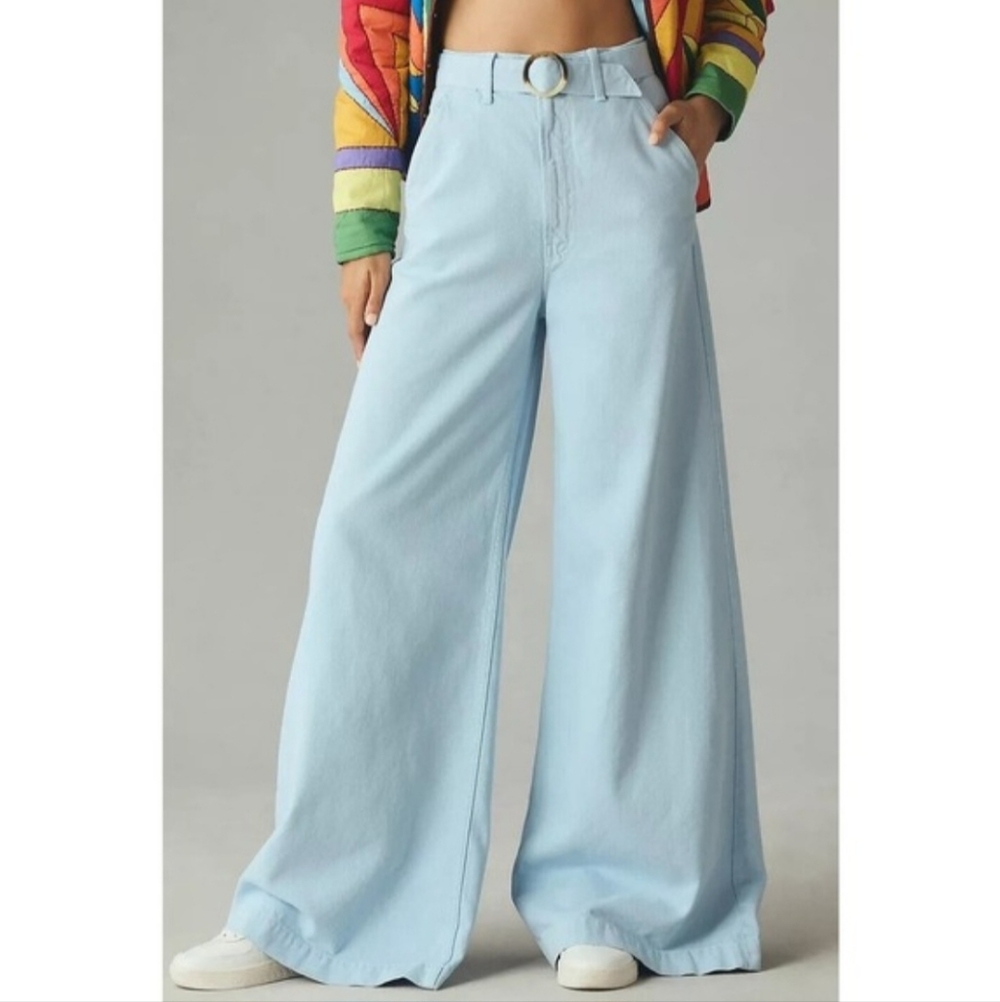 MOTHER Light Blue Wide-Leg Flare Jeans with Ring Waist